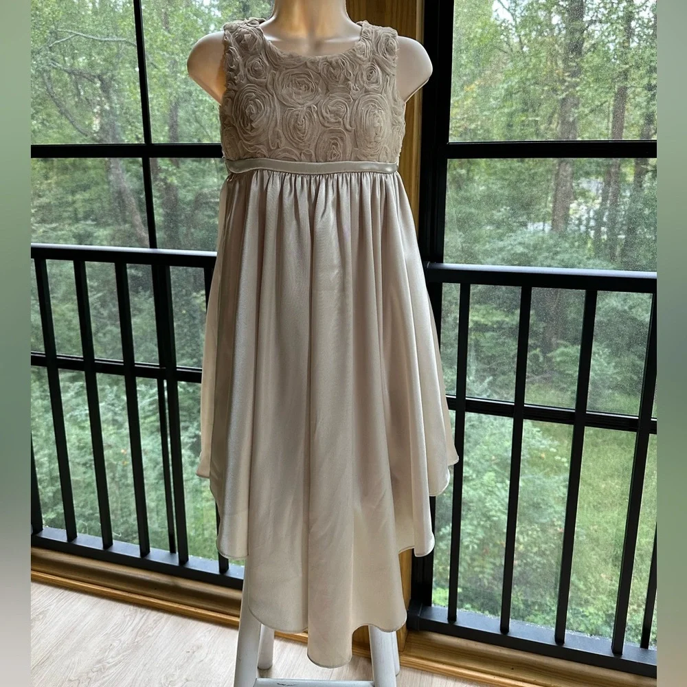 Kid’s Dream Occasion/Flower Girl Champagne Satin Rosette Bodice Dress ~ Kid 9-10